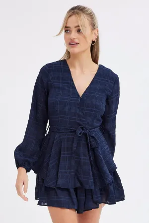 Blue Ruffle Playsuit Long Sleeve Wrap Front