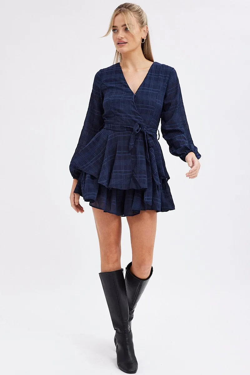 Blue Ruffle Playsuit Long Sleeve Wrap Front