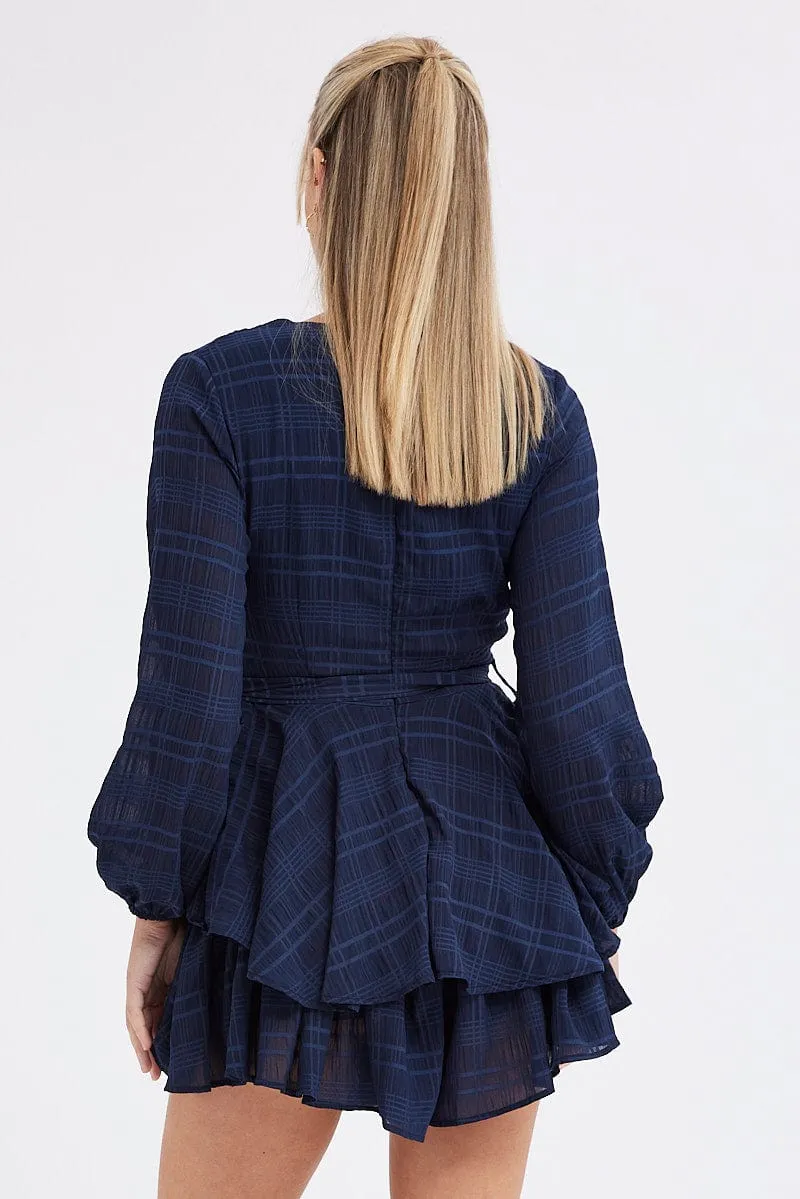 Blue Ruffle Playsuit Long Sleeve Wrap Front
