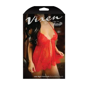 Fantasy Lingerie Vixen Late Night Serenade Front Clasp Lace Babydoll & Crotchless G-String Panty Red L/XL