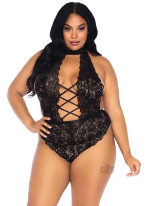 Floral Lace Crotchless Teddy - 1x/2x - Black