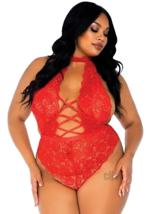 Floral Lace Crotchless Teddy  - 1x/2x - Red