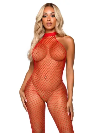 Industrial Net Racer Neck Backless Bodystocking -  One Size - Red