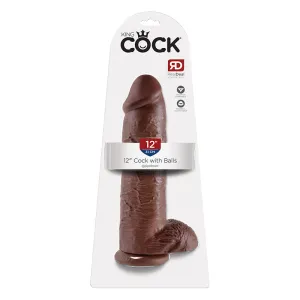 King Cock 12 in. Cock With Balls Realistic Suction Cup Dildo Brown