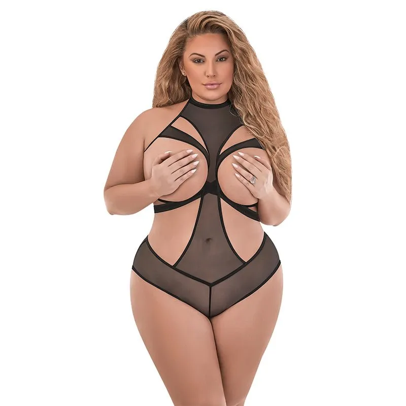 Magic Silk Forever Mesh Cupless & Crotchless Halter Teddy With Split Back Black QUEEN