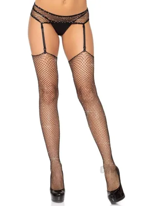 Rhinestone Fishnet Stockings and Garter Belt -  One Size - Black