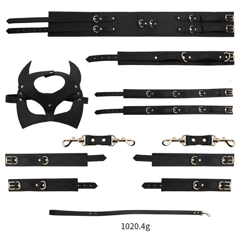 Women's Leather Bondage Set - Red. Black & Pink | Fashionable Restraint Kit with Mask. Cuffs. Collar & Rope